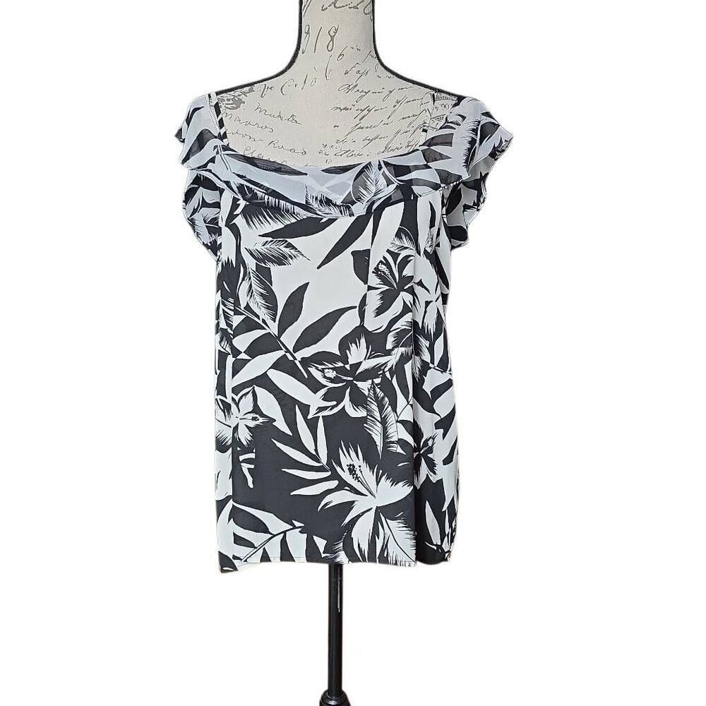 Express Women's Size Large Black White Palm Print Off Shoulder Sheer Blouse